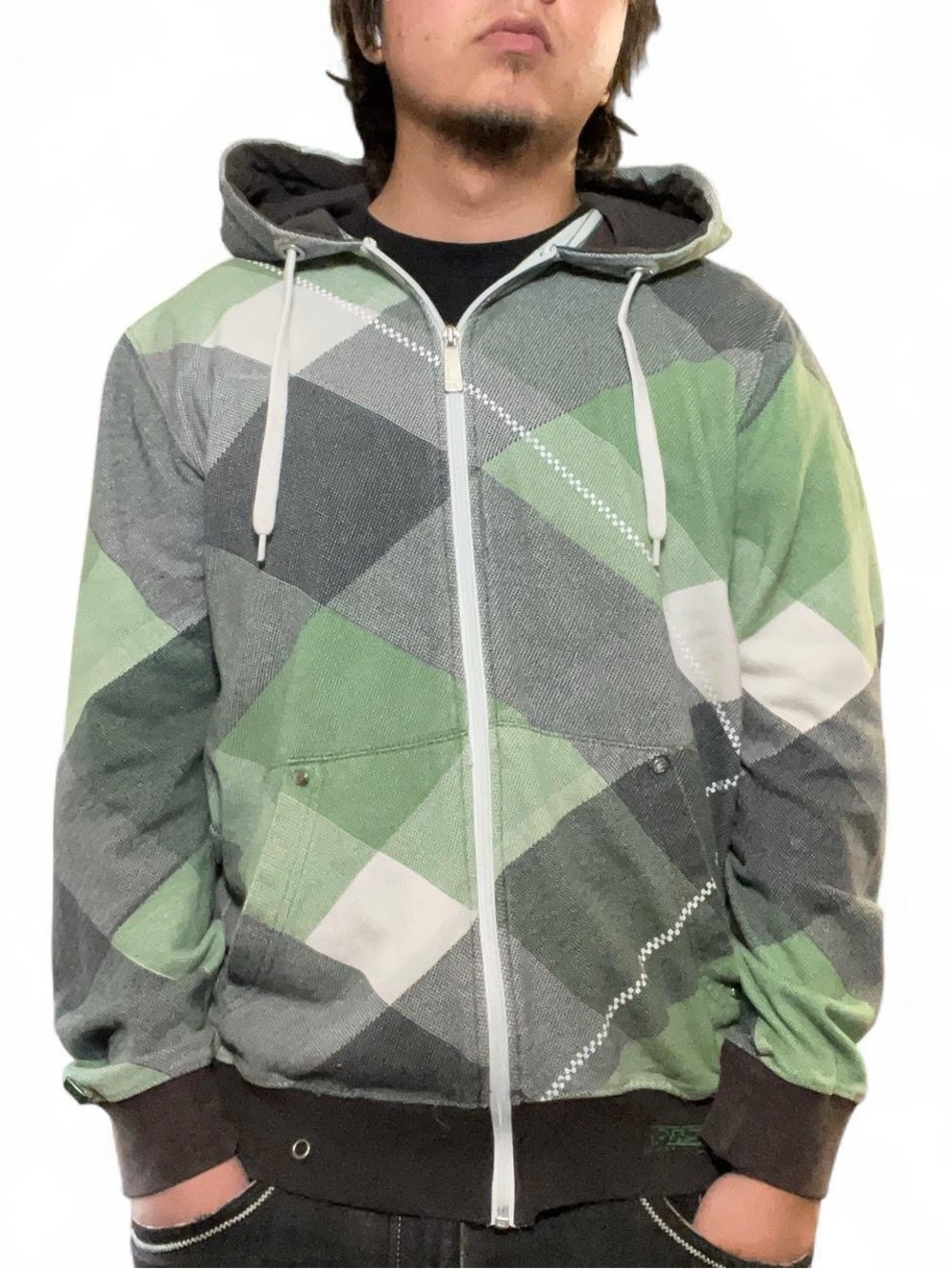 Point Zero‎ Black Label Men's Green Plaid Argyle Zip Up Hoodie Size M